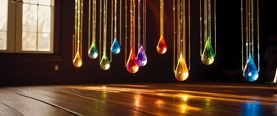 Sunlight sparkling on dangling crystal droplets casting colorful rainbows on warm wooden floors