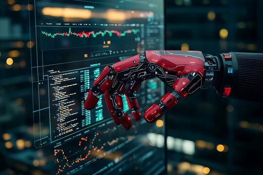 Robotic hand interacts with a large screen displaying financial data