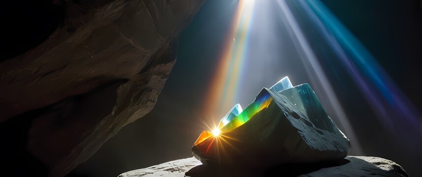 Sunlight shining through hanging crystal prisms casting bright mini rainbows on polished stone