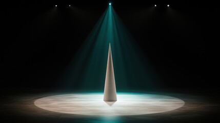 A spotlight illuminates a white cone on a black stage.
