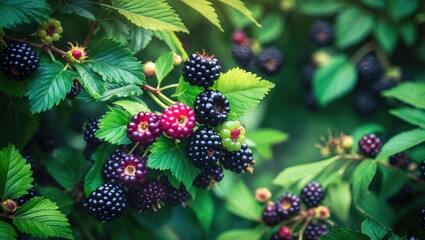 Green-leaved blackberry bush with purple berries hanging on the branch.