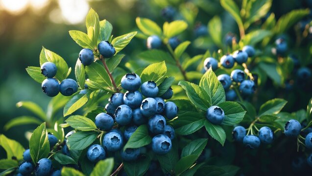 Plantation featuring a blueberry bush with ripe fruits.