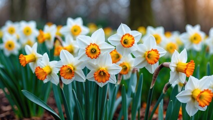 Bright white daffodils featuring orange centers blossoming in a lush green garden