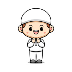 Cute Muslim Boy Praying Character Icon Illustration. Flat Cartoon Style Suitable for Web Landing Page, Banner, Sticker, Card