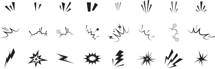 Set of comic manga hand drawn line elements. Comic effect shape. Character graphic movement effects emotion. Doodle shine sunburst sparkle ray, flash, exploding shapes in pop art retro style