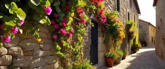 Obraz premium Sun dappled narrow village alleys lined with colorful blooming vines and flowers beside stone walls