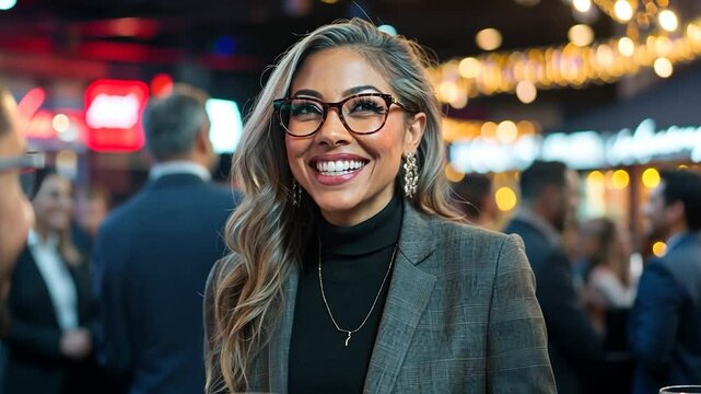 Smiling woman in glasses conversing with a man at a bustling evening event. Warm lighting, blurred background, drinks on the table