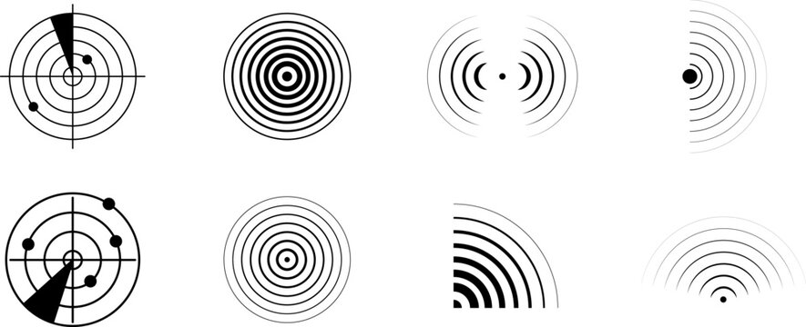 Set of radar icon. Sonar sound waves icon. Signal concentric circles. Sonar wave and echo sounding symbol isolated on transparent background.