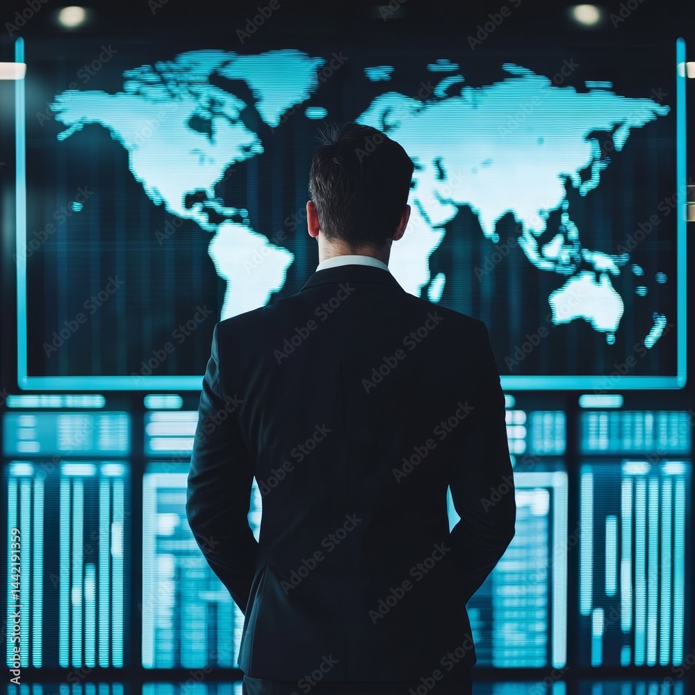 Poster man in suit analyzing data on a digital world map display.