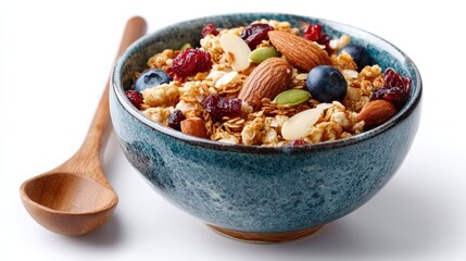 Fototapeta premium a bowl of granola on a white isolated background, healthy and inviting look