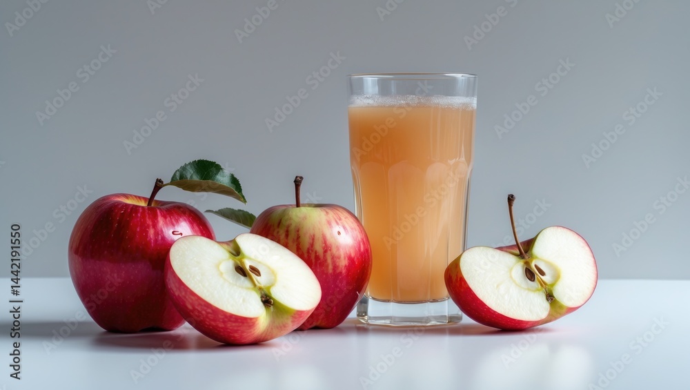 Aufkleber naturally cloudy apple juice featuring sliced red apples and a glass in front of a white background