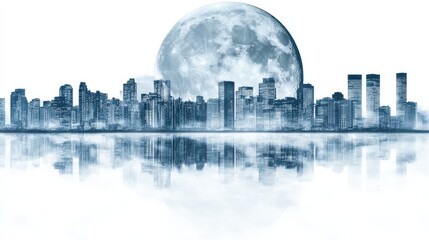 Serene Night Skyline with Full Moon Reflected Over Calm Waters in a Urban Landscape