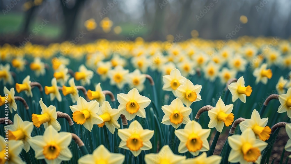 Poster Cheerful display of yellow daffodils in full bloom, gently swaying in the breeze and standing out against the backdrop