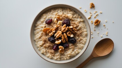 Oatmeal in a bowl with raisins, walnuts, and brown sugar