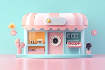 Pastel-colored storefront design with decorative elements.