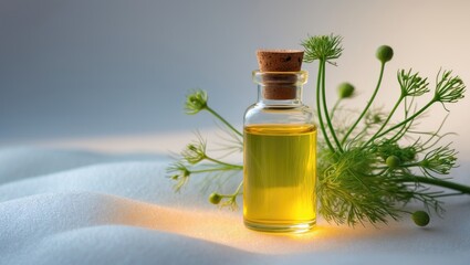 Obraz premium Bottle of essential oil with fresh dill herb