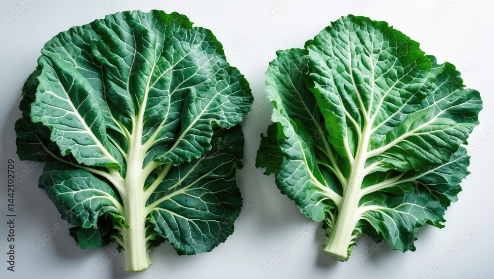 Poster organic kale leaves displayed with front and back views against a white backdrop