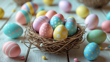 Cheerful Easter Eggs in a Nest on Rustic Wooden Surface Leaving Room for Text