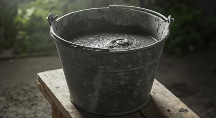 Fototapeta premium Old metal bucket filled with cement on wooden platform outdoors. Weathered container with liquid concrete mixture. Construction materials and masonry preparation