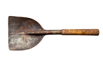 Rustic aged shovel with worn wooden handle against a stark white background showcasing its weathered