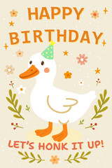 Greeting card with white goose with birthday cap and lettering Let s honk it up. Funny birthday card design with flowers on light background. Good for posters, t shirts, postcards. Vector illustration