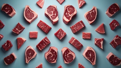Flat lay arrangement showcasing ribeye steak on a background patterned with meat chops
