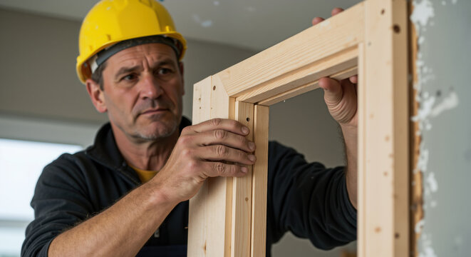 Man in yellow hard hat installing wooden door frame in unfinished wall. Construction worker in black shirt carefully positioning pine frame. Home building and interior carpentry work