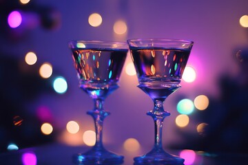 Festive celebration with two elegant champagne glasses vibrant bokeh lights purple backdrop and a magical night ambiance