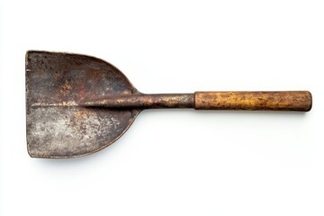 Rustic aged shovel with worn wooden handle against a stark white background showcasing its weathered