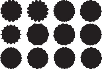 Black starburst badges promotional labels price stickers or sunburst promo tagsting Vector. Wavy edge circle sticker. Star burst shape tags for price. Blank sale round sticker. Vector illustrations 
