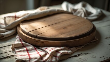Top view mock-up of wooden desk with pizza board and napkin. Canvas and dish towels on table background in close-up. Selective focus.