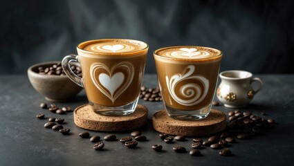 Table with black cup and glass showcasing coffee latte art