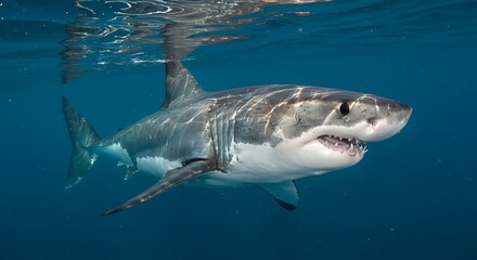 Naklejka premium Shark Swimming Underwater in Ocean Blue Water