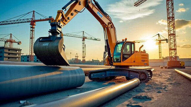Mechanical Arm, hydraulic power, construction efficiency. Industrial automation. Pneumatic arms lift heavy pipes. Robotic mechanisms enhance worker safety. Automated systems optimize site