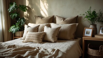 Relaxing bedroom design with organic colors showcased in a high-quality photograph