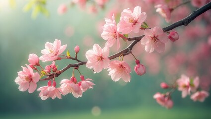 Obraz premium Pink-flowered tree branch in full bloom in the garden, with room for writing