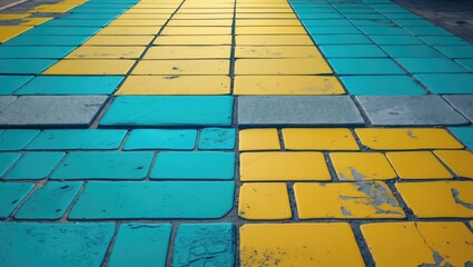 Texture of a road with blue and yellow tiles in a grunge style.