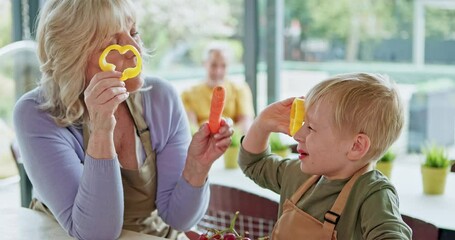 Cooking, grandmother playing or child with healthy food in kitchen at family home together for bonding. Love, retirement or happy senior grandma in preparation of meal with grandson or playful boy
