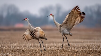 Fototapeta premium Sandhill Cranes Displaying Mating Ritual in Field
