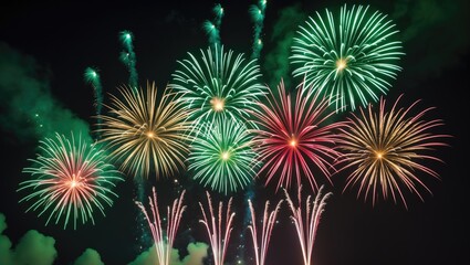 Fototapeta premium Lively fireworks performance; Dramatic pyrotechnics; Explosions in the nighttime sky