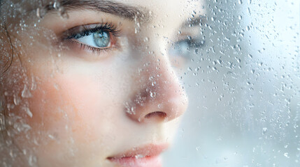 Young woman looking out a window on a rainy day
