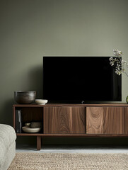 Modern walnut media console with TV, bowl, and decorative items