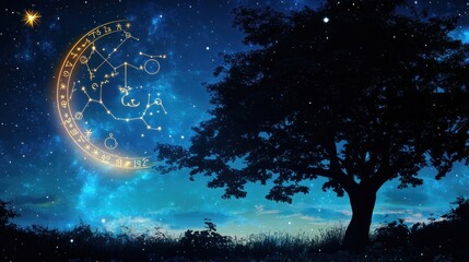 Mystical night landscape with tree and celestial symbols