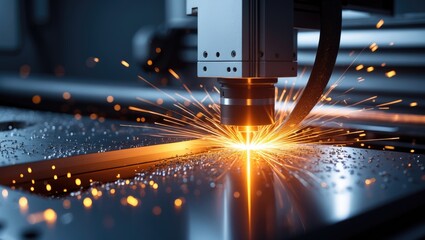 Blue Laser CNC Metal Cutting with Spark Effects, Contemporary Industrial Background