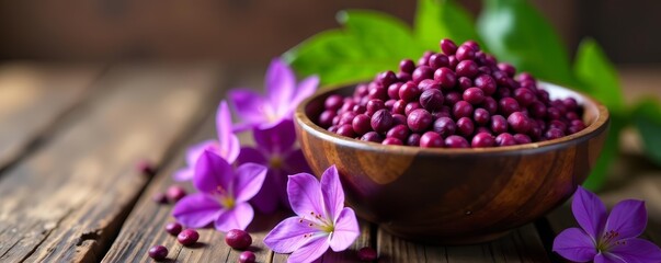 Maca root superfood bowl on wooden table with bright purple flowers, flowers, bowl, andean grain
