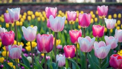 Obraz premium Colorful pink tulips alongside different spring flowers in a historic garden maintained by volunteers.