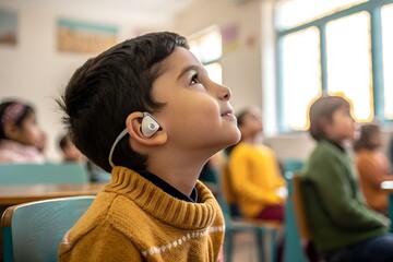 Young boy with hearing aid attentively learning in inclusive classroom, symbolizing modern education, assistive technology, and accessibility in learning.generative ai