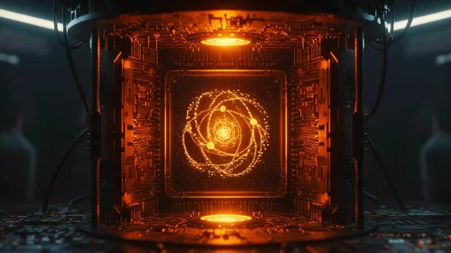 Futuristic technology concept showcasing a glowing quantum processor in a dimly lit lab environment