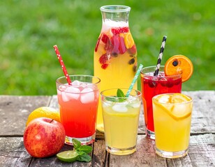 Iced lemonade and fruit drinks on a rustic wooden table, outdoor garden