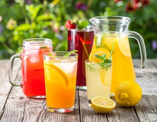 Iced lemonade and fruit drinks on a rustic wooden table, outdoor garden